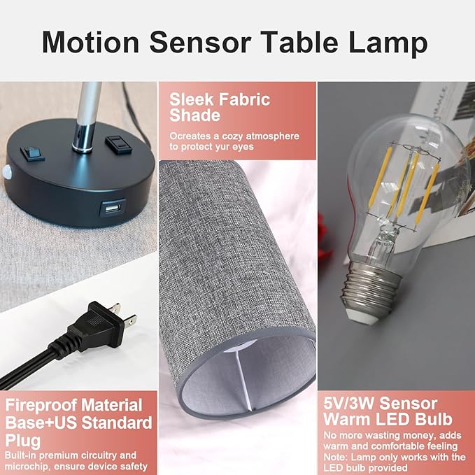 Table Lamps with Motion Sensor and Constant on Two Modes, USB Lamp with Warm White Bulb, Fabric Shade, Built-in USB Port & AC Outlet - Bedside Table Lamp for Bedroom or Living Room - Bloomnest