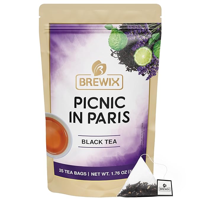 BREWIX, Earl Grey with Lavender Tea, Picnic in Paris Black Tea (25 Pyramid Tea Bags) | Black Tea with Bergamot, Lavender and Vanilla Notes | Gourmet Tea - Bloomnest