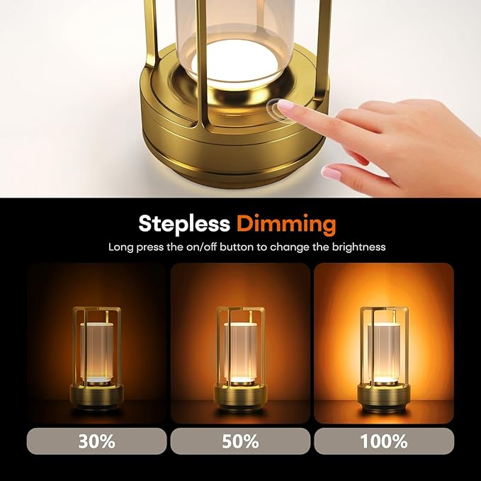 Portable Metal Table Lamp for Indoor/Outdoor ,Rechargeable Cordless LED Lamp, 3-Colour Infinitely Dimming Battery Powered Small Desk Lamp, Restaurant/Bedroom/Bar/Coffee/Camping Light (Gold Set of 2) - Bloomnest