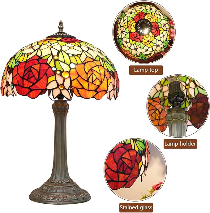 Tiffany Lamp Bedside Table Lamp-Nightstand,Stained Glass Lamp for Bedroom Dorm Living Kitchen, Aesthetic Cute Home Decor Gift (Rose Flower) - Bloomnest