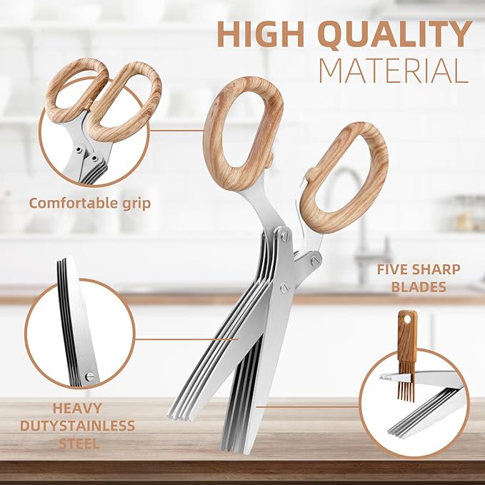 2025 New Herb Scissors Set - Wood Grain Pattern 5 Blades with Cover and Comb - Skin-Friendly Handle, Delicate Grip - Dishwasher Safe, Anti-Rust Stainless Steel for Cutting Fresh Garden Herbs - Bloomnest