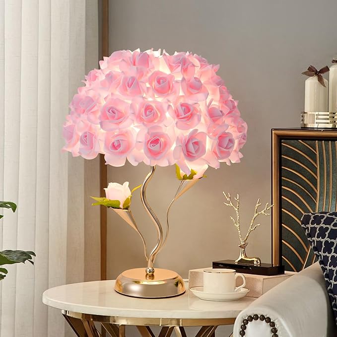 Pink Flowers Lamp Fabric Rose Table Lamp Flower Desk Lamp Creative Bedroom Nightstand Light or Wedding Decor Valentines Dating Party Livingroom Hotel Office Study Room - Bloomnest