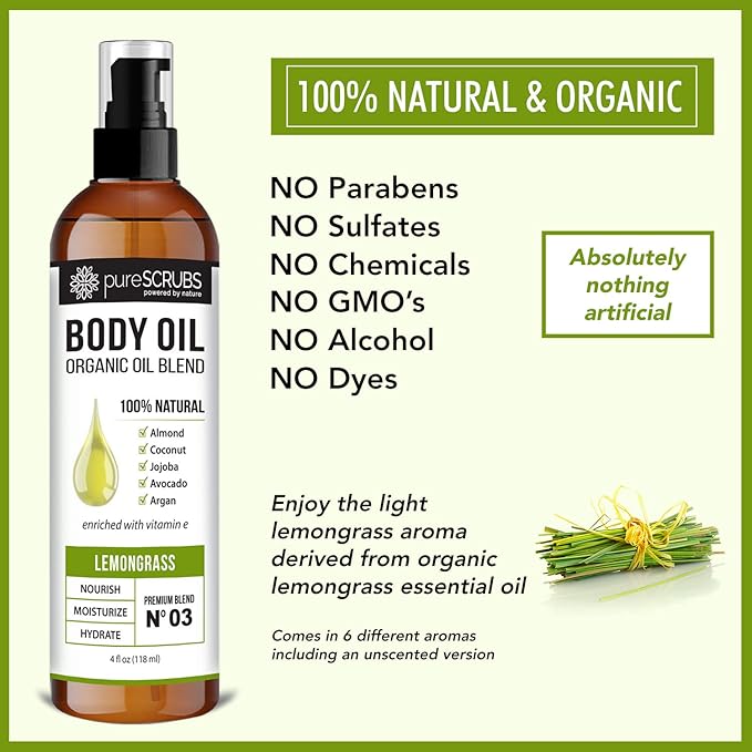 pureSCRUBS Ultra Moisturizing Lemongrass Body Oil Spray for Dry Skin, Massage, & More, Organic Super Blend of Jojoba, Argan, Coconut, Sweet Almond & Avocado Oils Enriched with Vitamin E, Lg 4oz