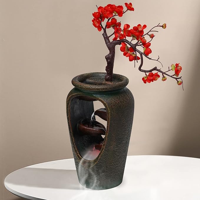 20" Flower Vase Style Bonsai Waterfall Fountain Tabletop Decorative Waterfall with LED Lights and Atomizer, Desktop Water Fountains for Living Room, Cafe Or Office - Bloomnest