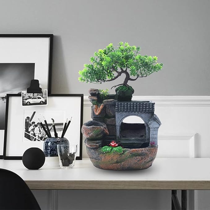 Water Fountains Indoor Tabletop Fountains Rock Fountain with Lights & Plants, Indoor Waterfall Fountain Desk Fountain Desktop Fountain for Indoor Outdoor Office Home