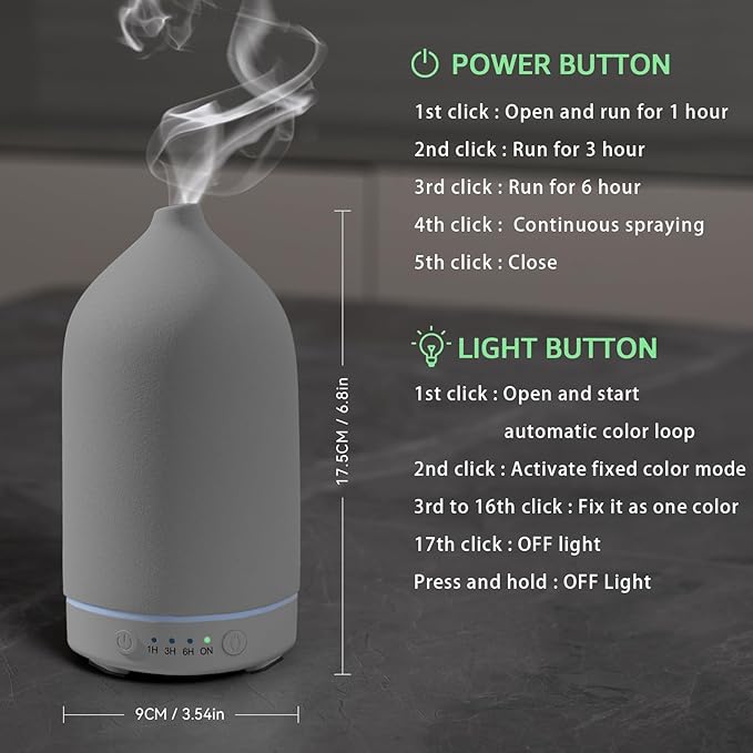 200ML Ceramic Essential Oil Diffuser - Ultrasonic Aromatherapy & Humidifier with 7-Color LED Lights, Auto Shut-Off, Grey, 1H/3H/6H Timer | Scent for Home,Office,Yoga - Bloomnest
