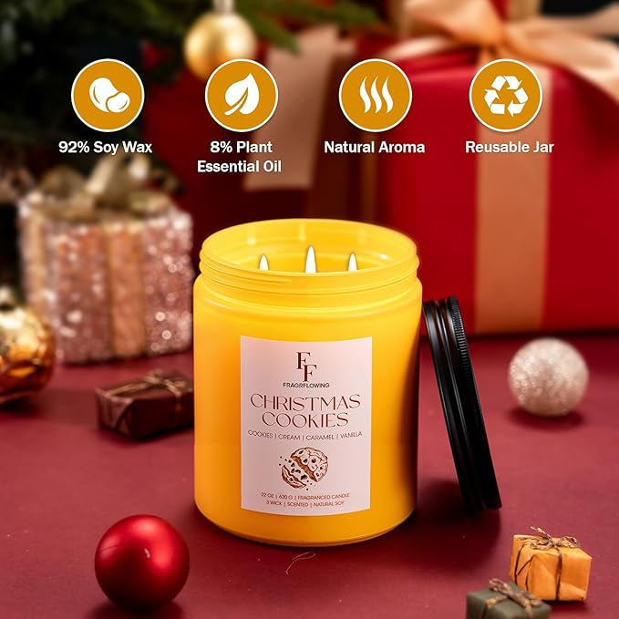 Large Christmas Candle Christmas Cookies Scented, 3-Wick 22oz Long Lasting Scented Candle, Natural Soy Wax Aromatherapy Candle for Home, Holiday Candle Gifts for Women Men - Bloomnest