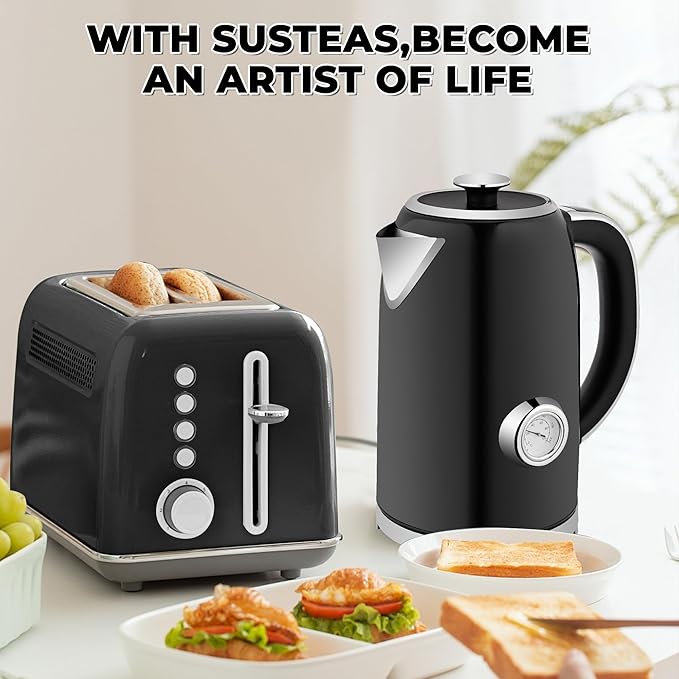SUSTEAS Electric Kettle Temperature Control - 57oz Hot Water Boiler with Thermometer, 1500W Fast Heating Stainless Steel Tea Kettles, Cordless LED Indicator, Auto Shut-Off & Boil Dry Protection,Black - Bloomnest