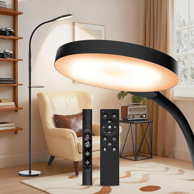 Light Therapy Lamp, 3-in-1 Floor Lamp 11000 Lux, Sunlight Lamp with Remote & Timer, LED UV-Free Sun Lamp with Adjustable 10 Brightness & 5 Color Temperature for Living Room Bedroom Office, Black - Bloomnest