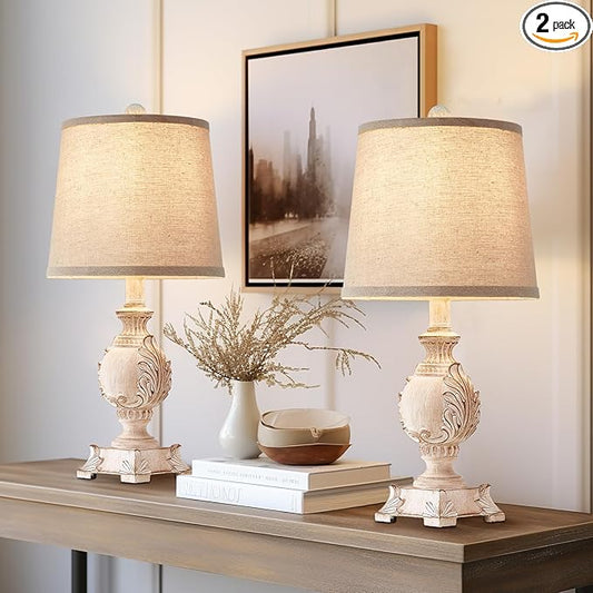 21'' Small Table Lamps Set of 2 Farmhouse Bedside Lamps for Bedroom Nightstand Vintage Carved Floral Side Table Lamps for Living Room Kids Home Office, Wooden Finish, Bulb Not Include - Bloomnest