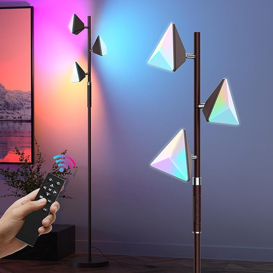 RGB Tree Floor Lamp for Living Room, Stepless Dimmable Tall Standing Lamp with Remote, Touch Control and 3 Rotatable Light, Bright LED Lights for Bedroom with 4 Color-Changing, Oil Rubbed Bronze - Bloomnest