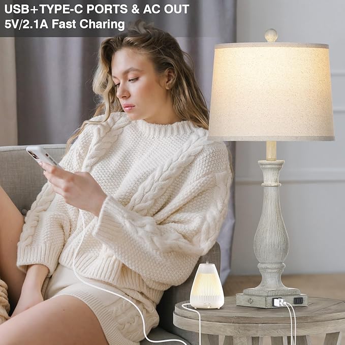 27.5" Farmhouse Table Lamps Set of 2 with USB C+A Ports & AC Outlet for Vintage Living Room Retro Bedroom, 3-Way Dimmable Touch Lamps Resin Bedside Lamps for Nightstand Side End Table, Grey - Bloomnest
