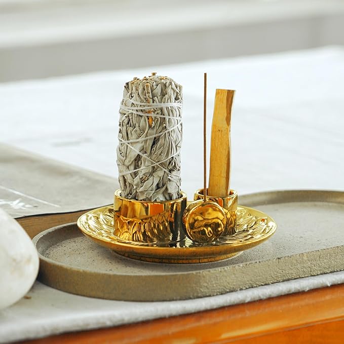 4 in 1 Incense Holder, Ceramic Incense Stick and Palo Santo Holder,Sage Holder for Burning- 5.5" Ceramic Ash Catcher Tray for Meditation and Yoga Room (Golden) - Bloomnest
