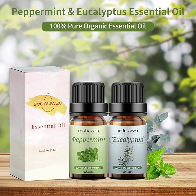 Sedbuwza Peppermint Eucalyptus Essential Oil Set, Peppermint Fragrance Oil Eucalyptus Scent Oil Set for Diffuser, Aromatherapy, Massage, Soap, Candle Making 2 x 10 ml Sedbuwza