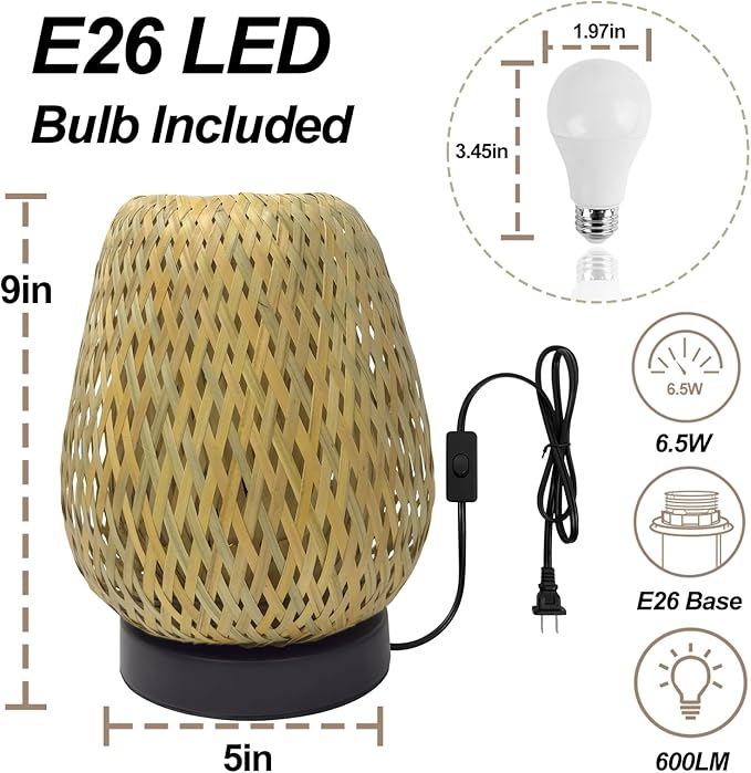 Boho Woven Nightstand Table Lamp - Rattan 3 Color Temperature Handmade Rattan Bamboo Lamp for Bedroom, Living Room - Bloomnest