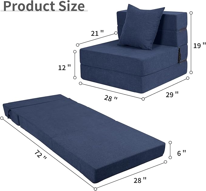 Folding Sofa Bed, High-Density Memory Foam Sofa with a Fluffy Pillow, Floor Couch Guest Bed, Single Size, Navy - Bloomnest