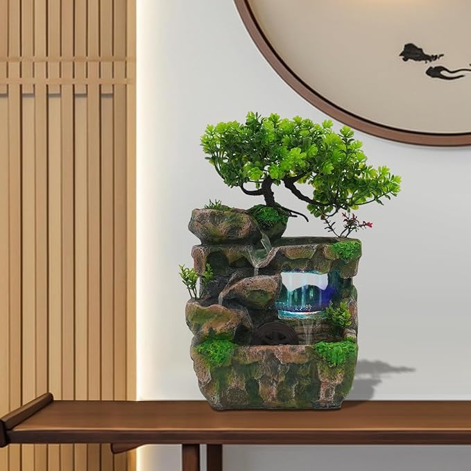 Resin Rockery, Waterfall Fountain Tabletop Ornament with LED, Rockery Tabletop Fountains Desktop Fountain Waterfall Fish Pond, Artificial Trees, Mini Decor for Indoor Home Office Bedroom - Bloomnest
