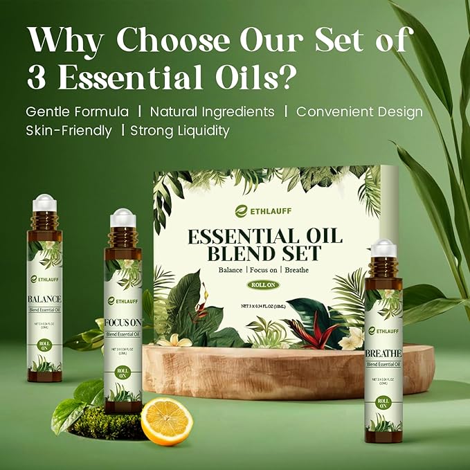 Essential Oils Roll On Set 3 Pack (Breathe, Focus on, Balance) - Essential Oil Blend Stress Relief Gift Aromatherapy Self Care Gift for Women, 3 * 10ml - Bloomnest