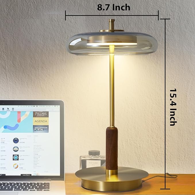 Small Table Lamp for Bedroom-Brass Base Mushroom Table Lamps,Amber Glass Shade,LED Three Color Temperature Adjustable Brightness Modern LED Side Table and Desk Lighting(H 15.4 in) - Bloomnest