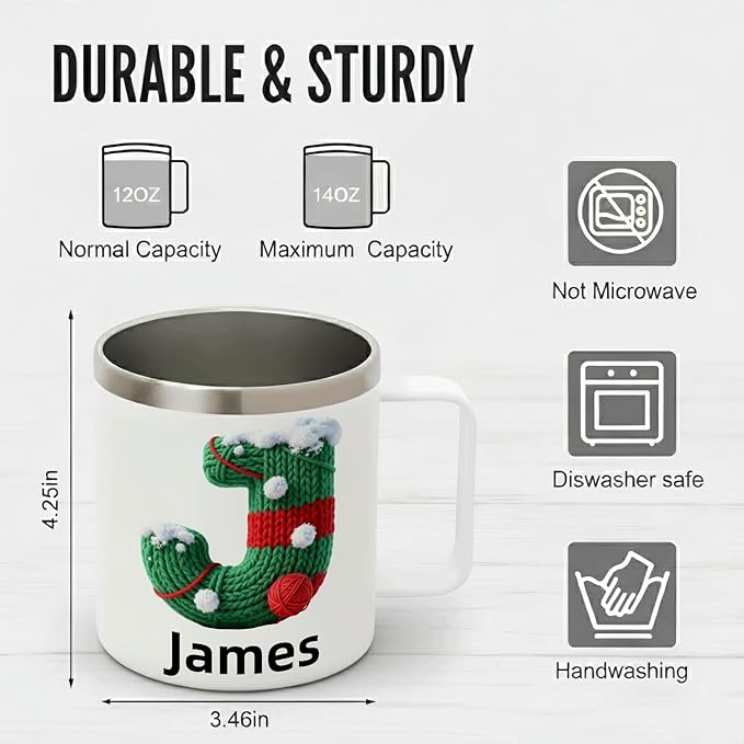 Personalized Christmas Mug | Custom Knitted Stocking Initial Insulated Coffee Cup with Handle & Lid | 12oz Cozy Holiday Tumbler, Unique Stocking Stuffer Gift(B11) - Bloomnest