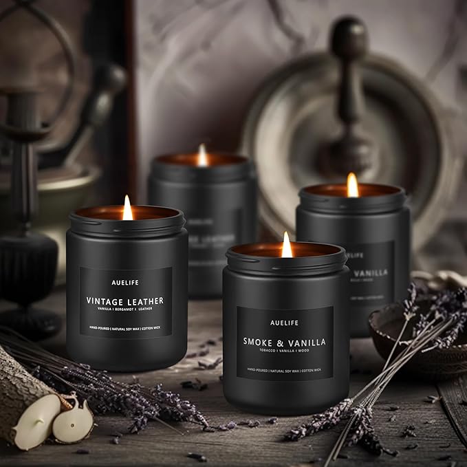 2 Pack Men Candles | Smoke & Vanilla + Vintage Leather - Scented Candles for Men - Masculines Candle - Soy Candle for Home Scented, Man Gifts, Black Jar - 7oz - Bloomnest