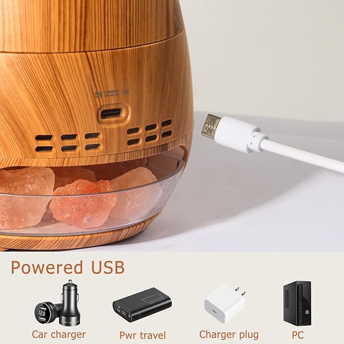 Ultrasonic Essential Oil Diffuser with Himalayan Salt Rock,Flame Diffuser with 2 Color Light,Small Aromatherapy Oil Diffuser with Auto Off Function for Home, Office,Spa,100ML,Wooden Grain - Bloomnest