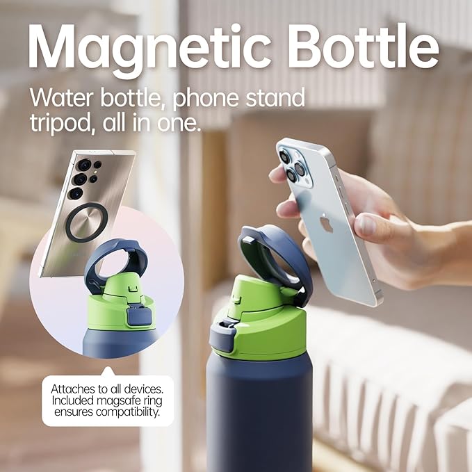 Insulated Magnetic Water Bottle - Reusable Stainless Steel Bottle with MagSafe Compatible Phone Holder -Keeps Cold for 24 Hours - Perfect for Gym, Sports, and Travel- Navy Blue 32oz Magcheer