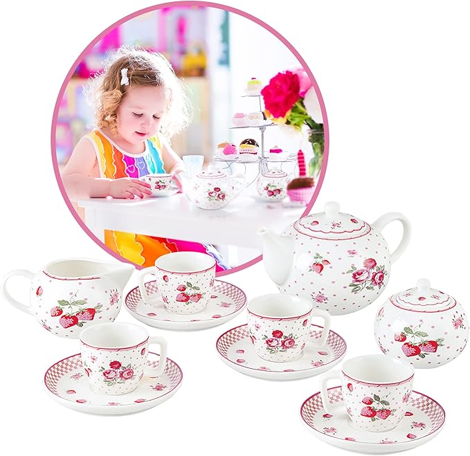 fanquare Pink Roses Porcelain Tea Set for Little Girls, Small Floral Tea Set with Box for Kids Party - Bloomnest