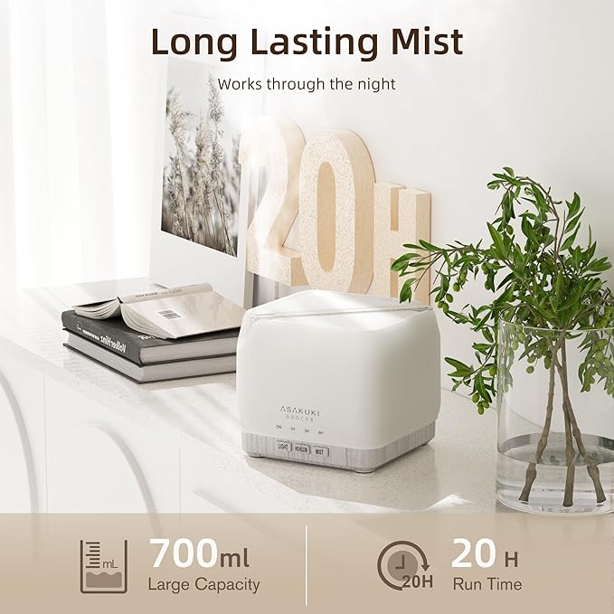 ASAKUKI 700 ml Premium Essential Oil Diffuser, 5 in 1 Ultrasonic Aromatherapy Fragrant Oil Vaporizer Humidifier, Timer and Auto-Off Safety Switch, 7 LED Light Colors - Bloomnest