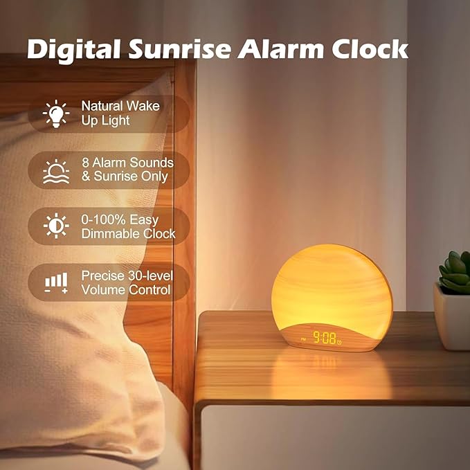 REACHER Natural Wood Grain Sound Machine Sunrise Alarm Clock，26 Nature Inspired Sleeping Sounds, 0-100% Dimmable Clock, Night Light,Brown/Pink/White Noise Sound Machine for Babys, Kids, Adults - Bloomnest