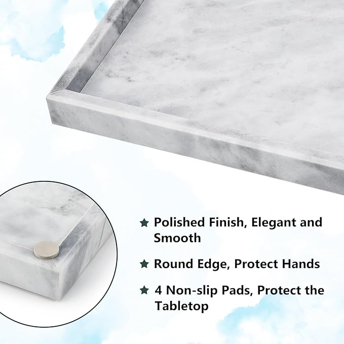 Real Natural Marble Tray for Bathroom, Vanity, Kitchen and Desktop, Rectangle Genuine Marble Stone Tray for Jewelry, Cosmetics, Candles, Lotion, Perfume and Home Decor - Bloomnest