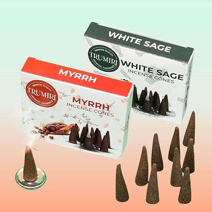 TRUMIRI Incense Cones - Combo Pack of 20 Cone Incense - 10 White Sage + 10 Myrrh TRUMIRI