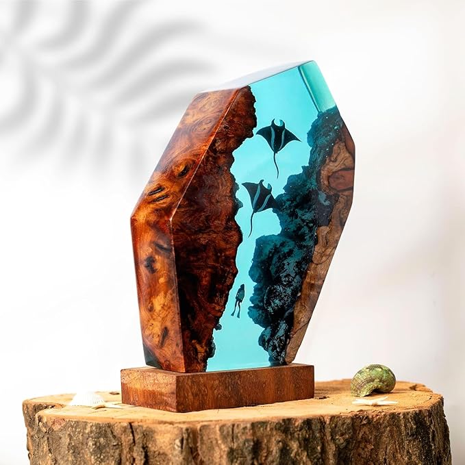 Handmade 3D Ocean Resin Lamp, Epoxy Ocean Night Light with Wooden Base, LED Color Changing Table Lamp, USB Powered Dragons Decor, Unique Ocean Gift for Bedroom & Home Office (Manta Ray) - Bloomnest