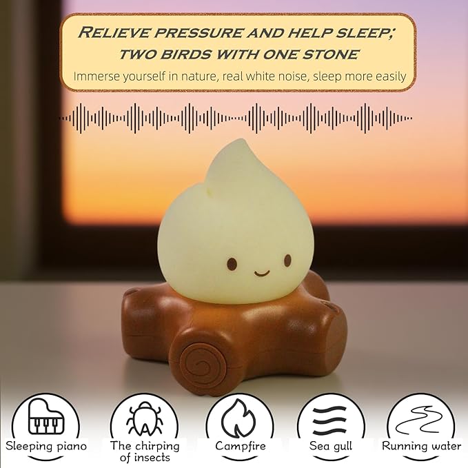 Cute Fake Campfire Lamp with White Noise, 5 Soothing Sounds & Flickering Flame Light, Rechargeable Portable Night Light for Sleep, Relaxation, Camping Decor & Gifts (White Noise Version) - Bloomnest