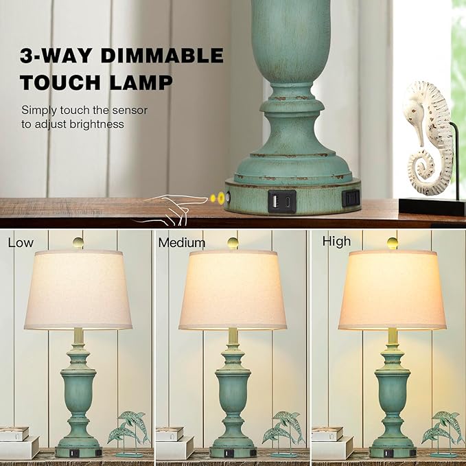 25.6" Farmhouse Table Lamps Set of 2 with USB C+A Ports & AC Outlet for Rustic Living Room Retro Bedroom,3-Way Dimmable Touch Lamp Bedside Lamps for Nightstand Side End Table,Retro Green - Bloomnest