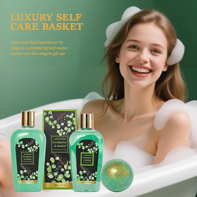 Home Spa Gift Basket, Bath Spa Kit for Women & Men, Bath & Shower Spa Gift Basket Set with Body Lotion, Shower Gel, Bubble Bath, Bath Bomb, Bath Gift Set for Mother, Wife Her, Eucalyptus & Amber Scent - Bloomnest