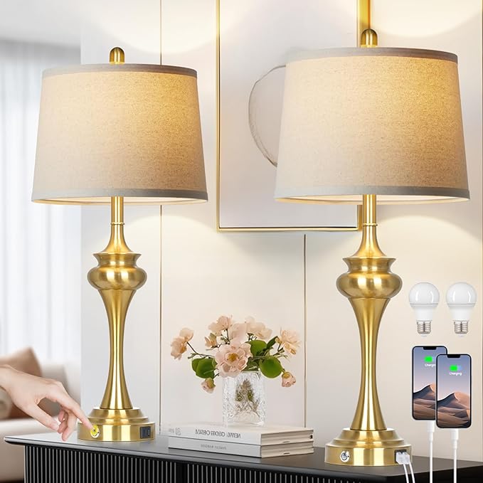 30" Gold Tall Table Lamps for Living Room, Touch Control Modern Bedroom Table Lamp with USB A+C Ports, 3-Way Bedside Lamps Set of 2, Elegant Metal Lamp for Night Stand Desk Side Table Office - Bloomnest