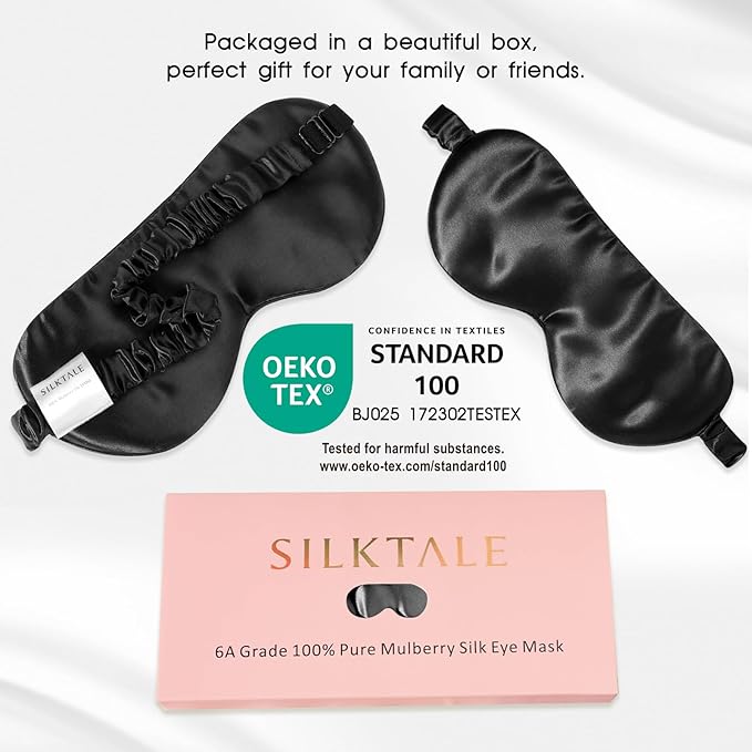 100% Mulberry Silk Eye Mask for Sleeping with Silk Wrapped Adjustable Strap,Black - Bloomnest