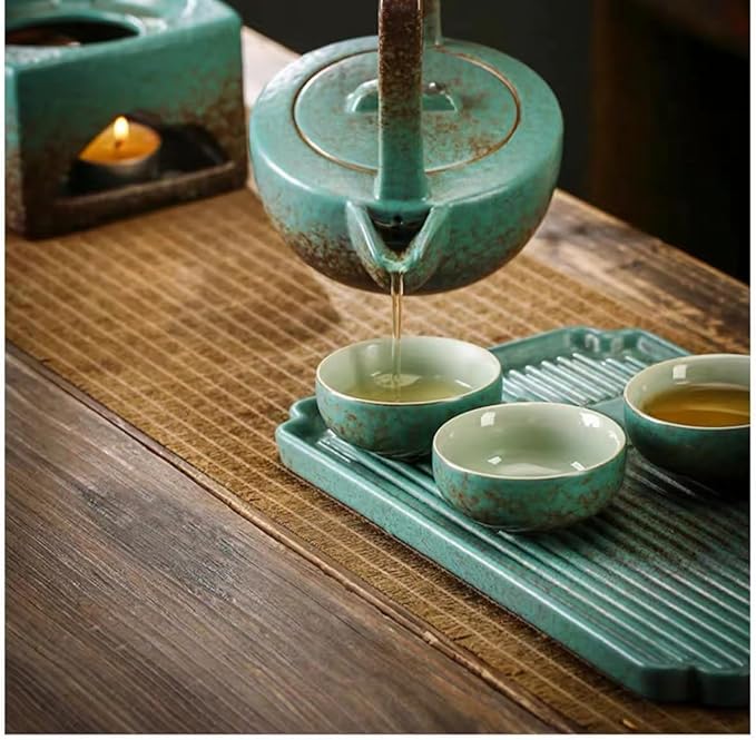 Ceramic travel tea set. 1 pot, 4 cups, 1 tea tray, 1 tea warmer, Chinese Kung Fu tea set, 2 colors (green) - Bloomnest
