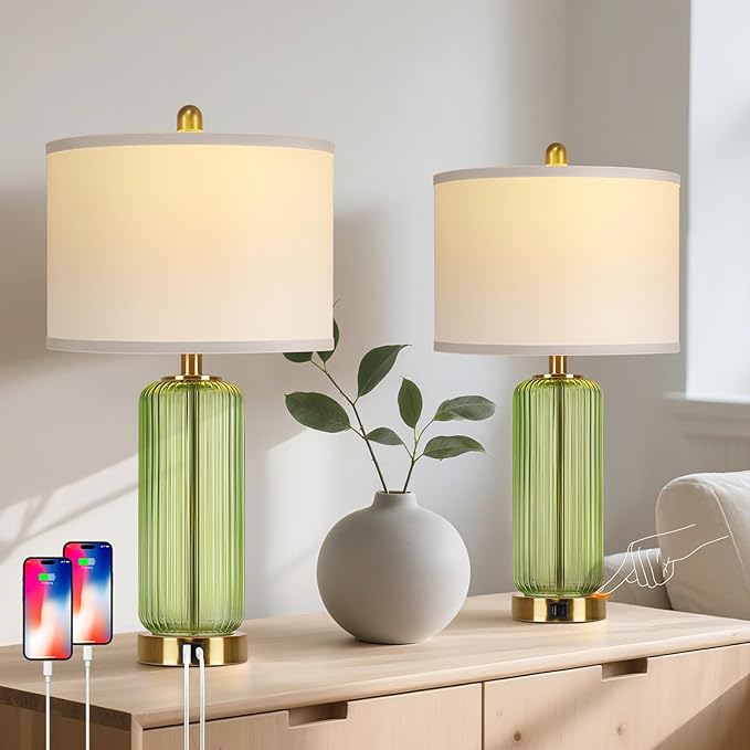 Table Lamps Set of 2 with Touch Control, 3-Way Dimmable Nightstand Lamp with Vertical Grained Glass, 27" Modern Glass Bedside Lamps with USB A+C Ports, Green Bedside Table Lamps, Desk Lamp for Bedroom - Bloomnest