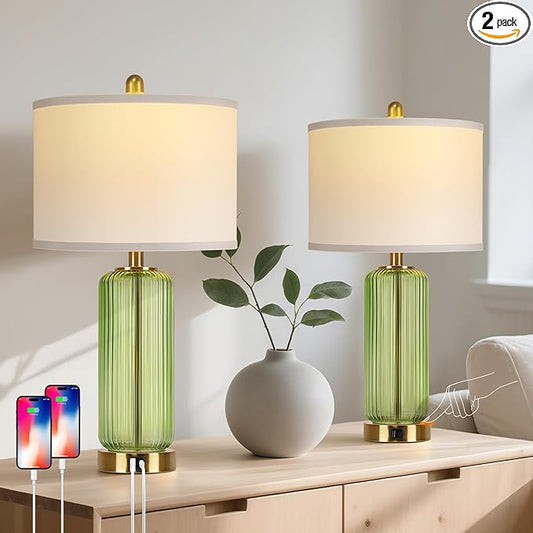 Table Lamps Set of 2 with Touch Control, 3-Way Dimmable Nightstand Lamp with Vertical Grained Glass, 27" Modern Glass Bedside Lamps with USB A+C Ports, Green Bedside Table Lamps, Desk Lamp for Bedroom - Bloomnest
