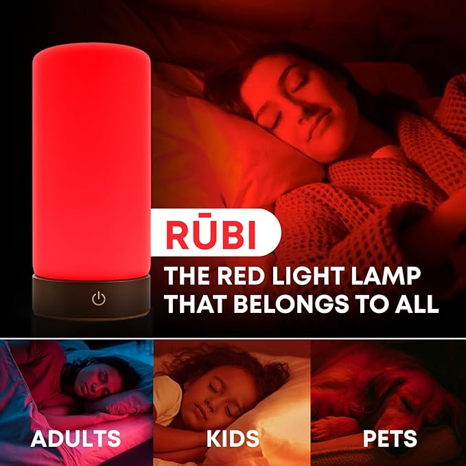 Rubi Red Light Therapy Lamp – 670nm Wavelength for Natural Sleep, Relaxation & Wellness | Adjustable Brightness for Bedroom Light | Elegant Glass & Wood Design | One-Touch Lamp Switch - Bloomnest