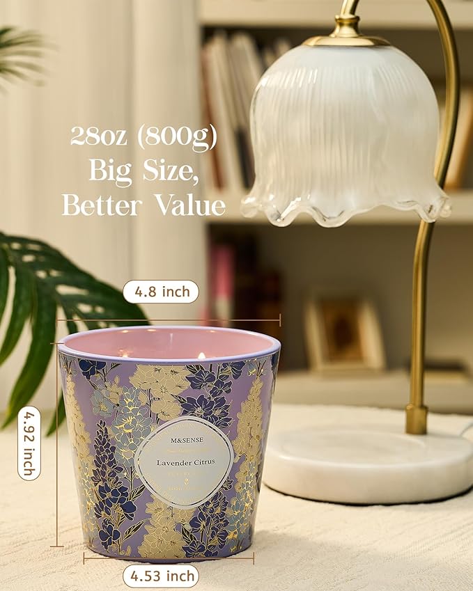 M&SENSE Lavender Citrus Scented Candle, 28.2oz 3 Wick Natural Soy Wax Large Candles, Long Lasting Clean Slow Burning No Toxic Décor for Home Relaxation, Romantic Dates & Gift-Giving - Bloomnest