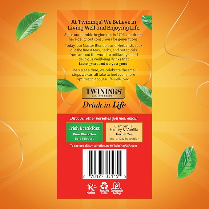 Twinings English Breakfast Black Tea Individually Wrapped Bags, 50 Count (Pack of 6), Flavourful, Robust, Caffeinated, Enjoy Hot or Iced, 300 Teabags - Bloomnest