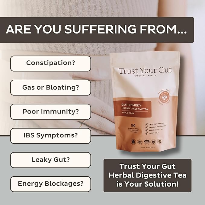 Trust Your Gut Organic Herbal Tea Blend – Lemon Balm, Holy Basil, Dandelion & Ginger Root – Supports Healthy Digestion & Gut Balance – Apple Cider, 30 Bags - Bloomnest