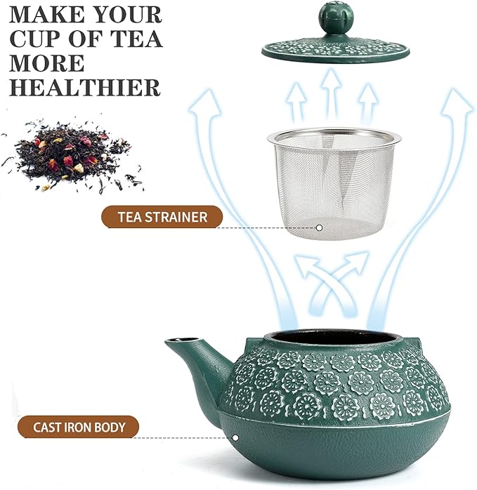 Sotya Cast Iron Teapot, 30oz/900ml Japanese Tetsubin Tea Pot with Infuser for Loose Leaf and Tea Bags, Tea Kettle Coated with Enameled Interior for Stove Top, Dark Green - Bloomnest