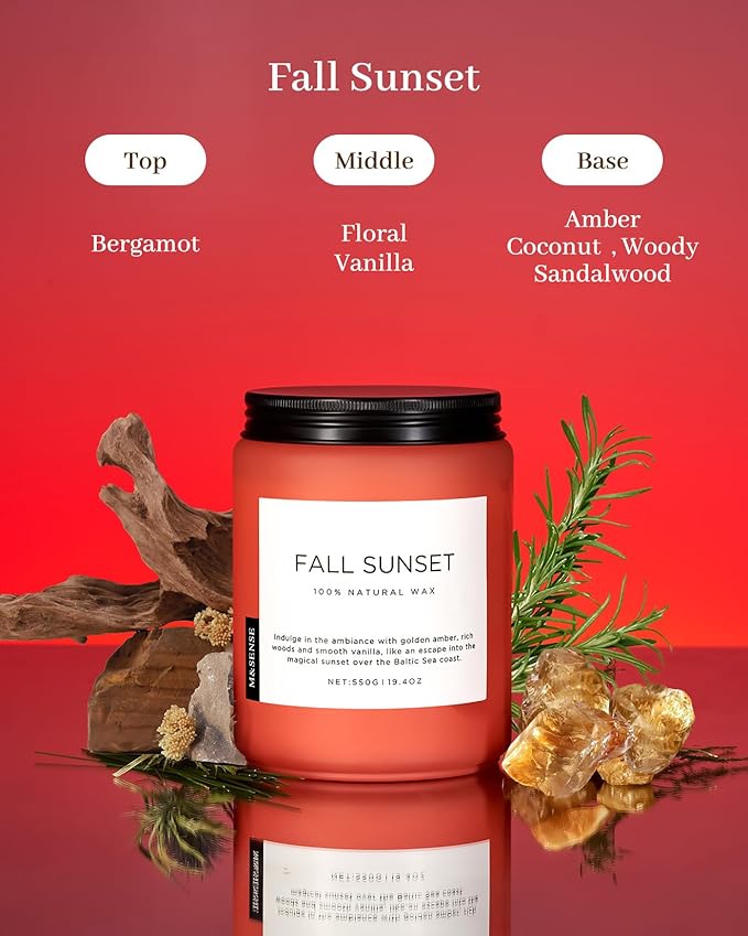 M&SENSE Fall Sunset Amber Scented 19.4oz 110 Hours Long Lasting Slow Burning Candle for Housewarming, Large Natural Soy Organic Relaxing Aromatherapy Candle Gifts for Women Men - Bloomnest