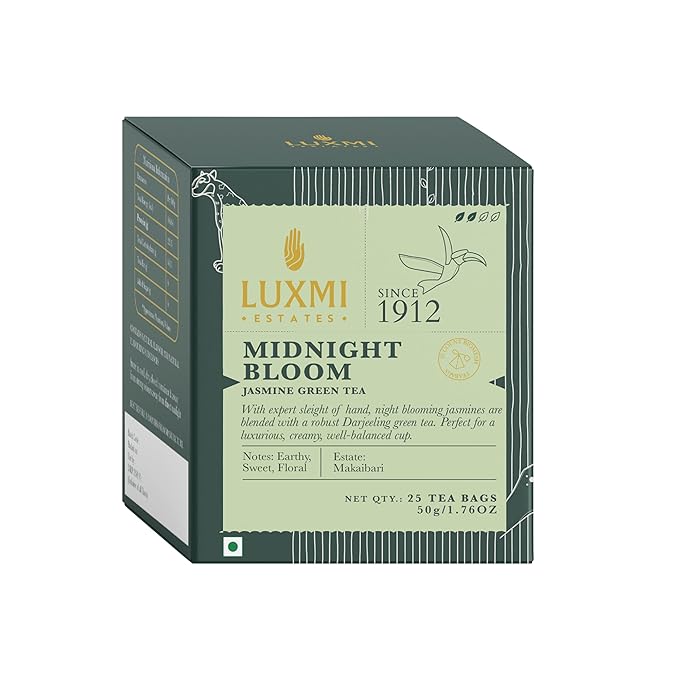 Luxmi Estates Midnight Bloom Organic Jasmine Tea (25 Tea Bags) Mildly Caffeinated Tea Bags For Relaxing, Calming, and Stress Relief, With Certified Organic Darjeeling Makaibari Green Tea - Bloomnest