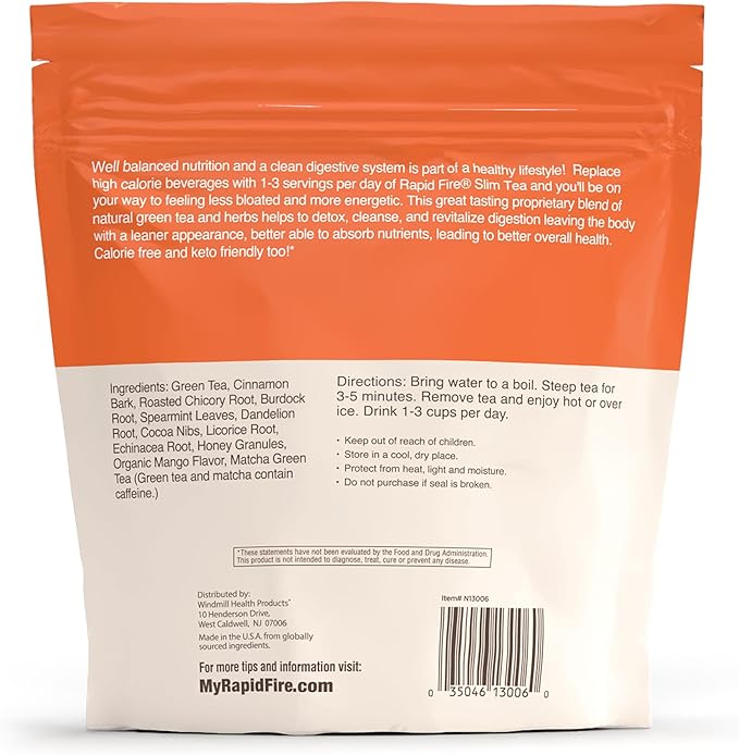 Rapid Fire Slim Tea Bags, Blend of Natural Herbs and Botanicals, Promotes Energy and Digestion, Supports Metabolism, 14 Servings Mango Flavor - Bloomnest