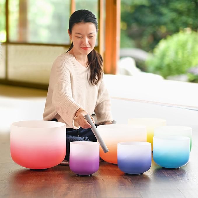 432HZ 7PCS Set Of 6-12 Inch Aria Gradient Design Frosted Quartz Crystal Singing Bowls With 2 PCS Travel Carry Case Bag. - Bloomnest